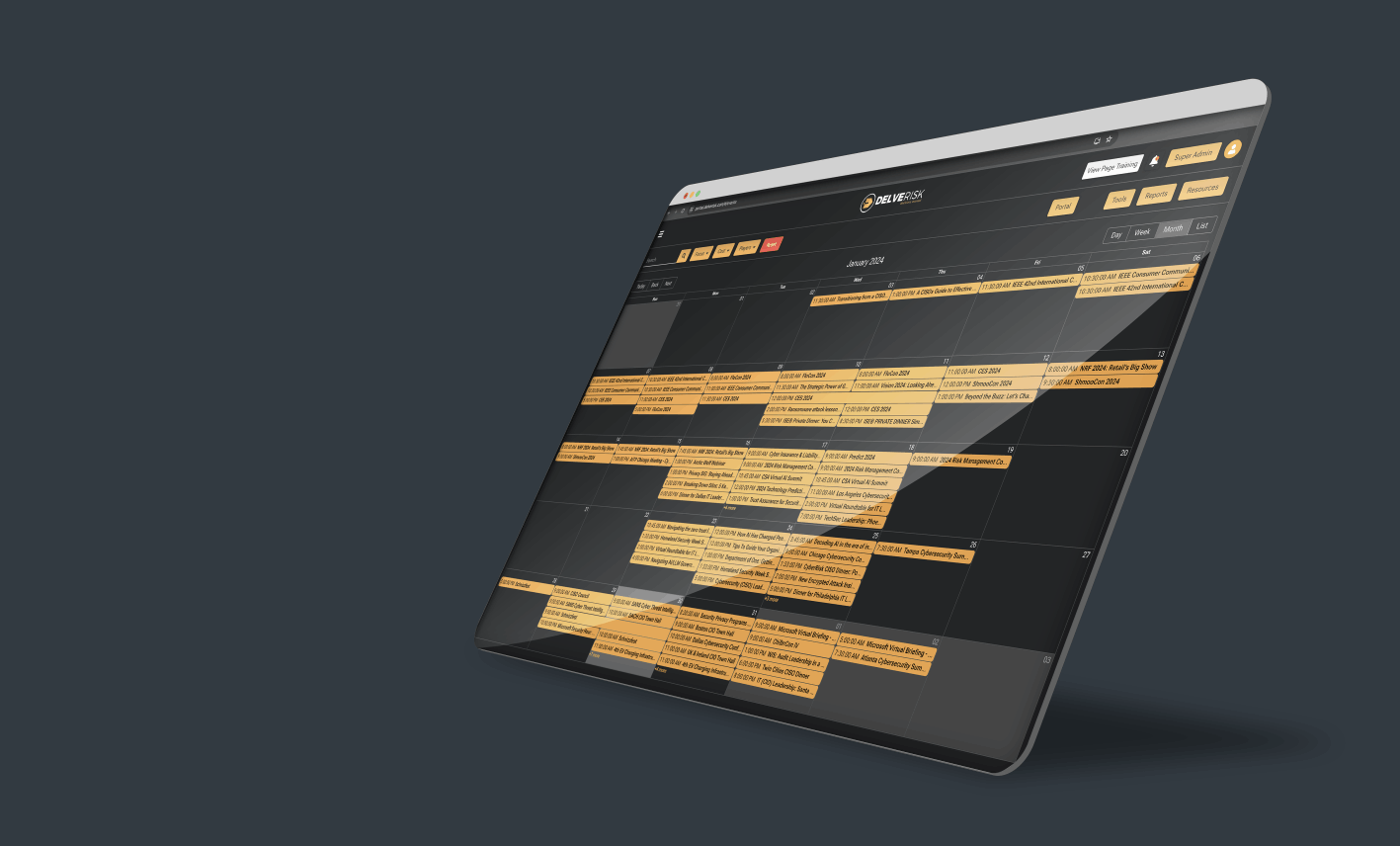 Web browser showing off the Event Calendar from the Delve Risk Portal.