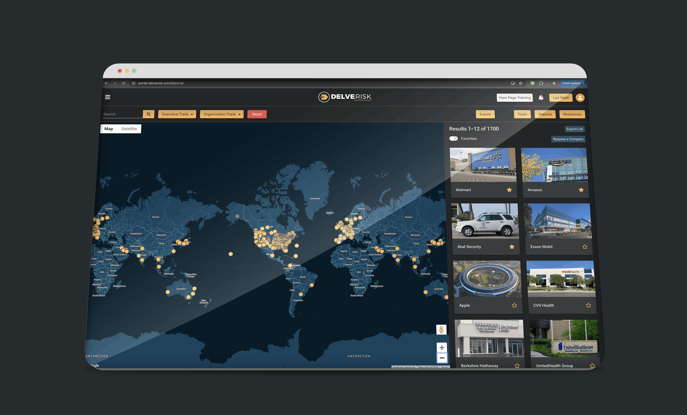 Web browser showing off the Delve Risk Portal.